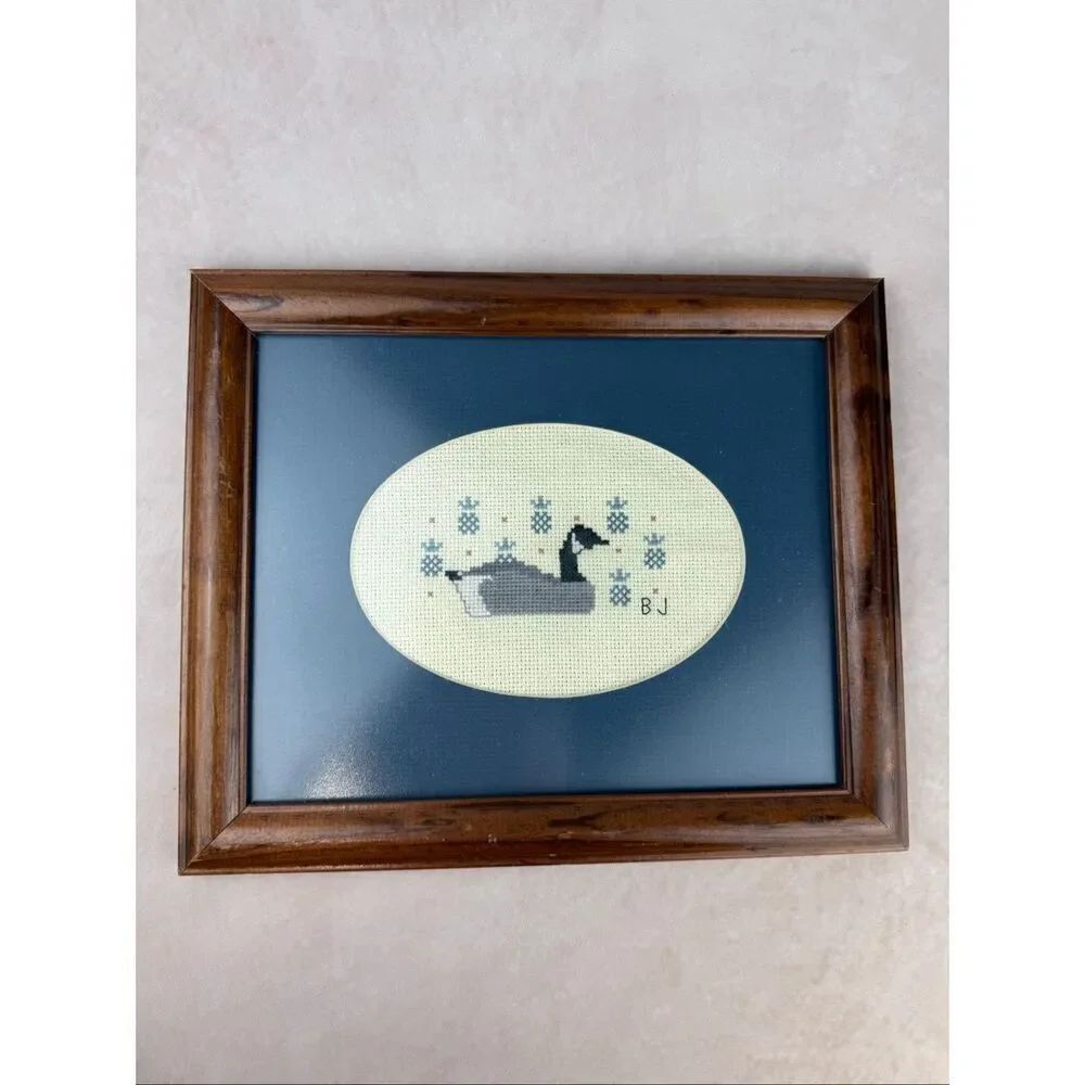 Vintage Goose Framed Cross Stitch Cottagecore 1980s